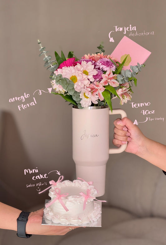 Termo con flores + mini Cake